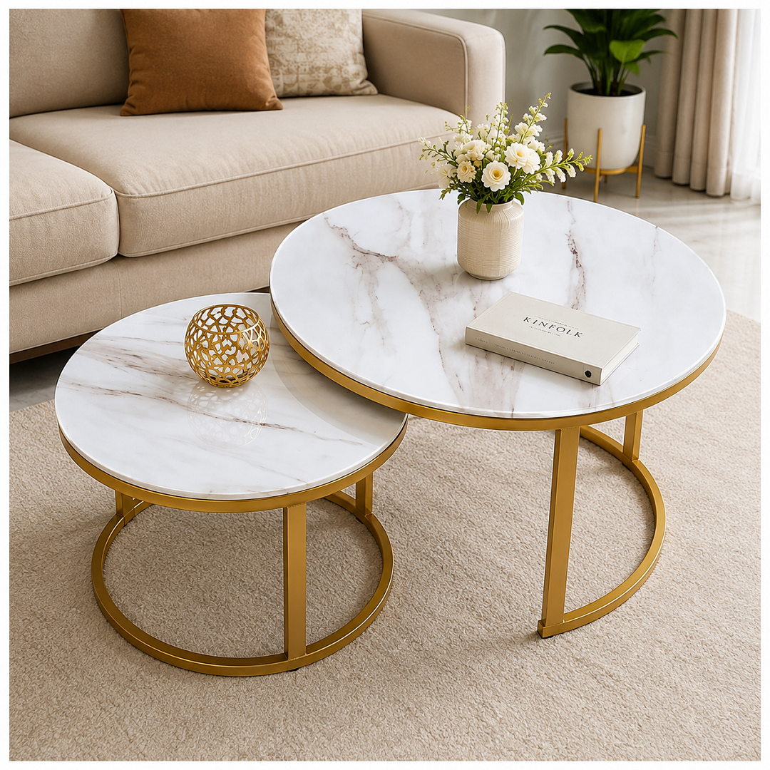 Round Glass Marble Effect Nesting Table Set